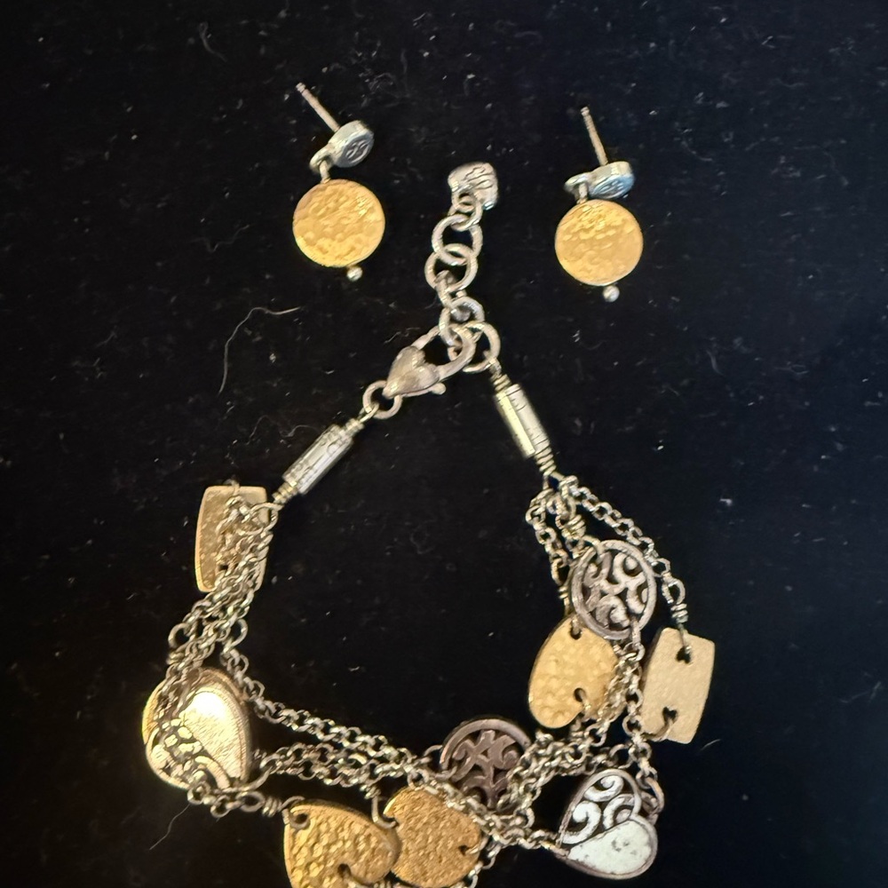 Gold and Silver Heart Charm Bracelet with Coin Stud Earrings .Brighton